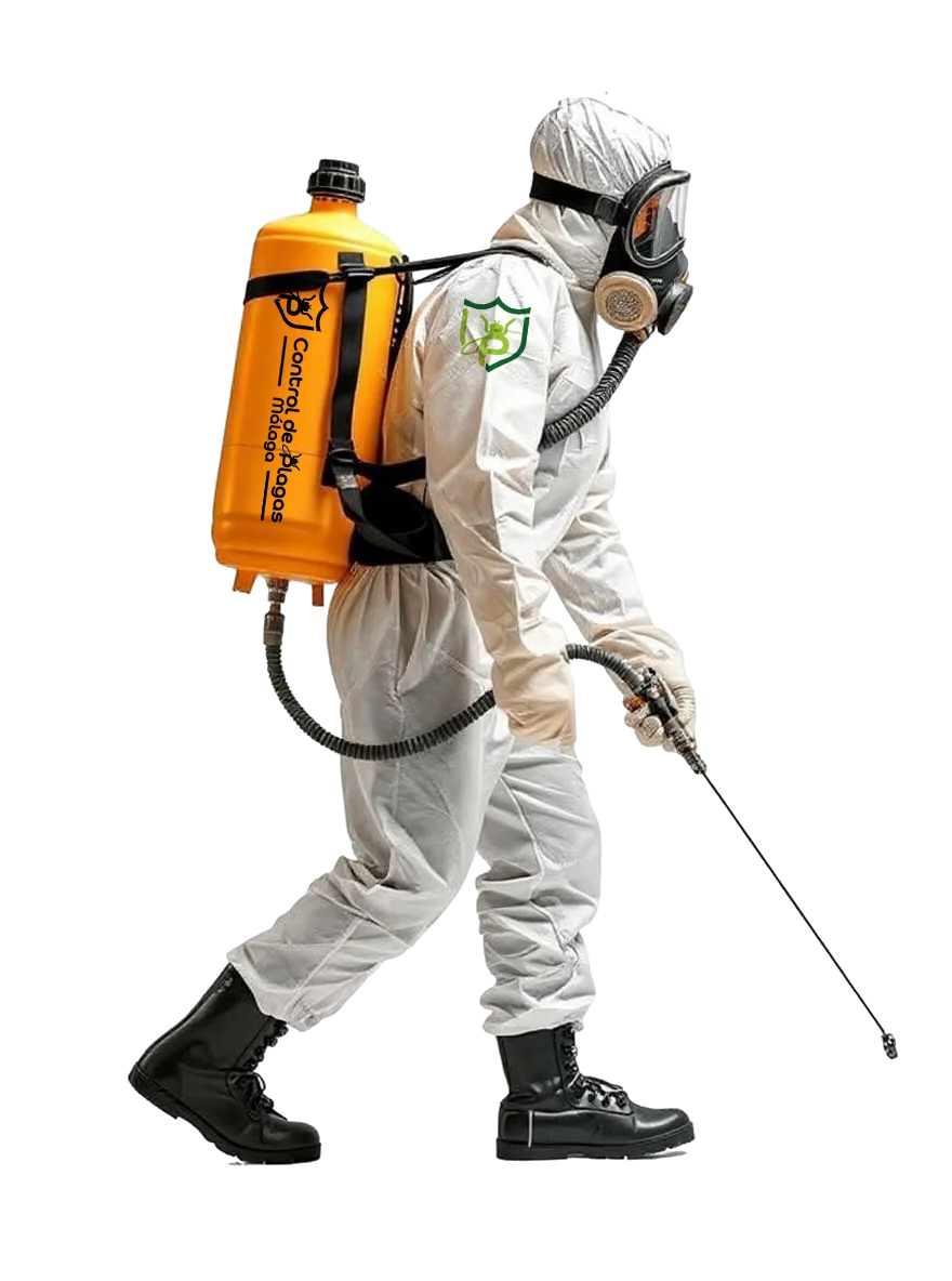 Técnico de control de plagas equipado con traje de protección blanco, máscara respiratoria y mochila pulverizadora naranja, caminando hacia la derecha sobre fondo negro