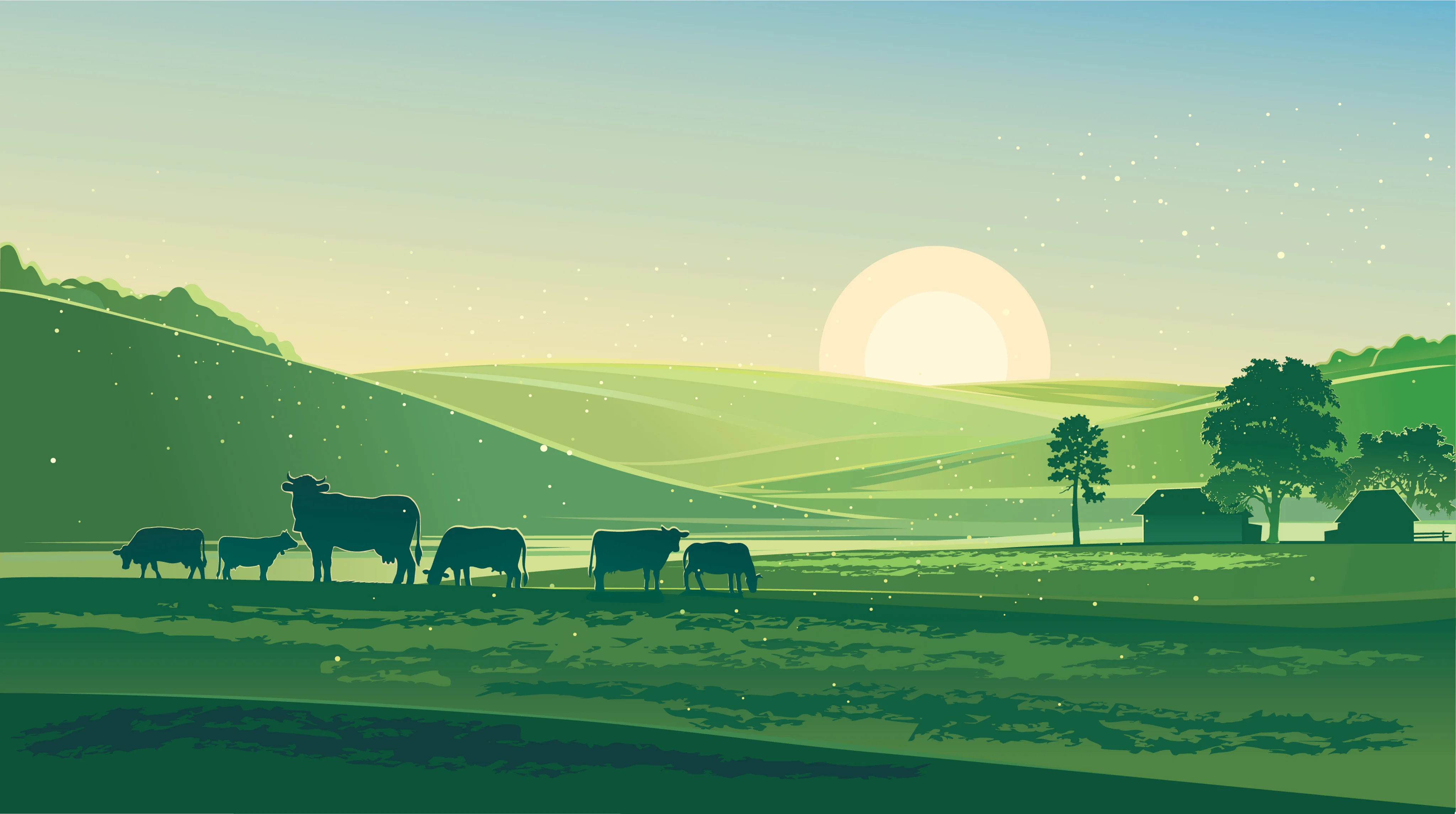 Amanecer en el campo con varias vacas pastando y casas de granja al fondo.